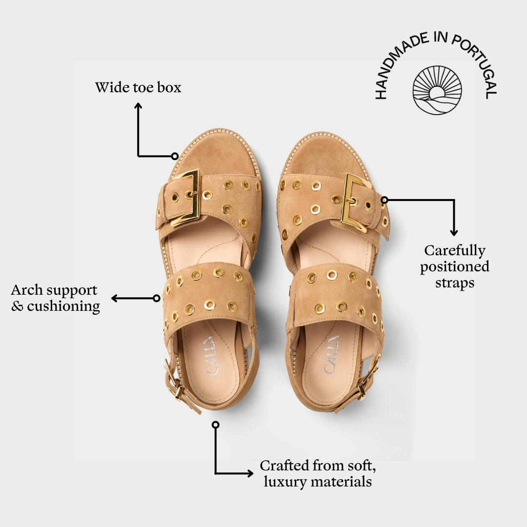 Ramona beige suede sandal shoe features