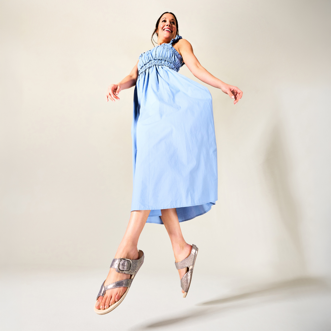 Ruby metallic denim sandals on the model