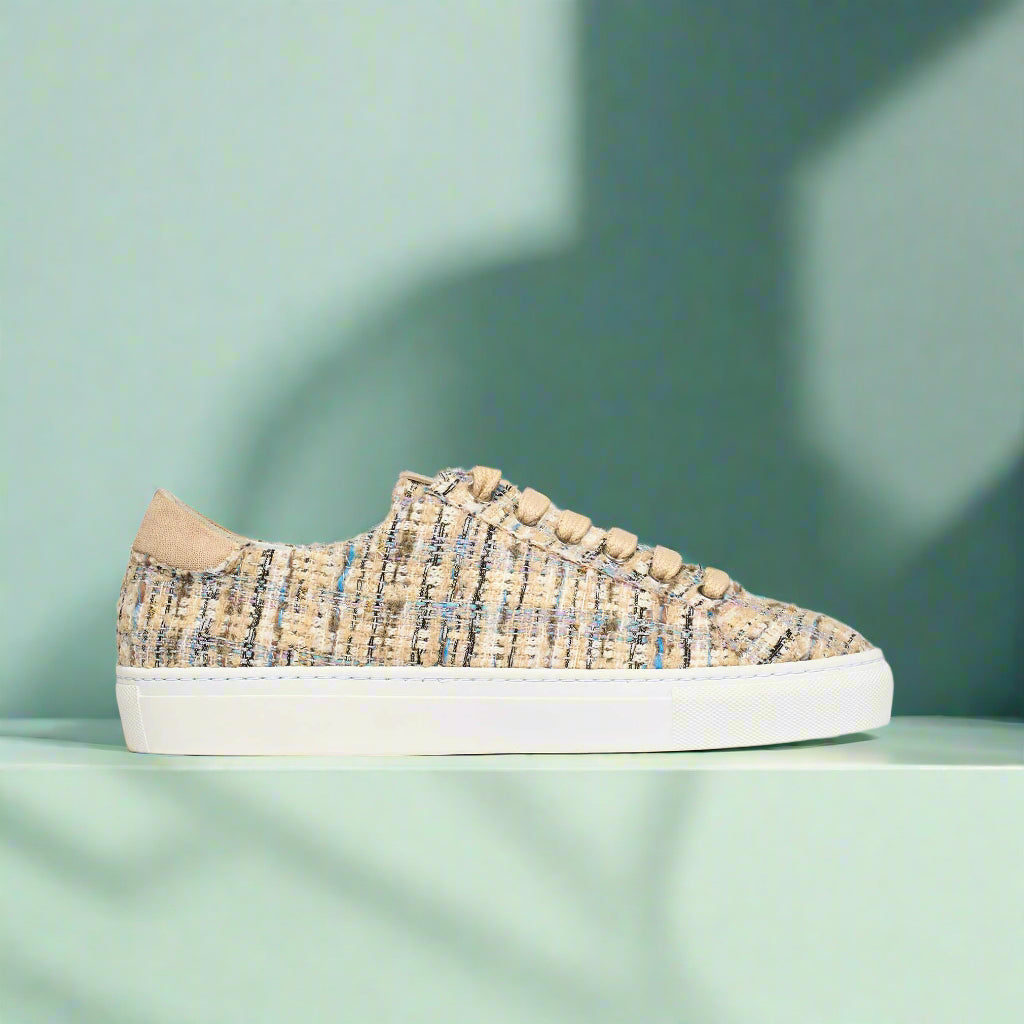 star beige tweed trainers for wide feet side view
