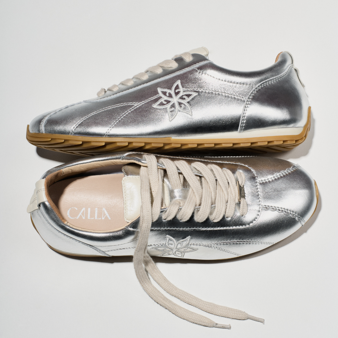 Aurora - Silver Leather Wide Fit Trainers