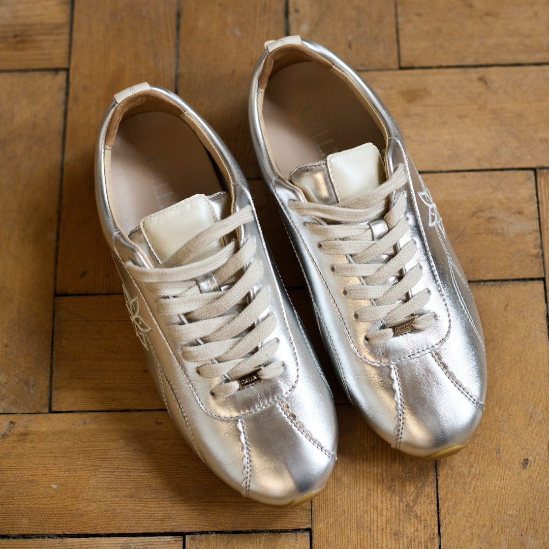 Aurora - Silver Leather Wide Fit Trainers