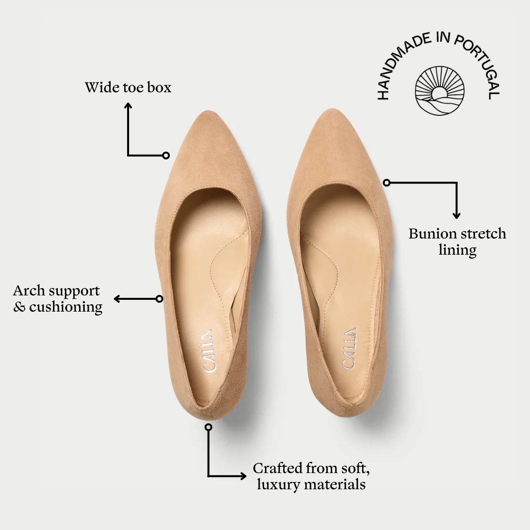 Calla Ava Taupe Suede Kitten heeled dress shoes for bunions