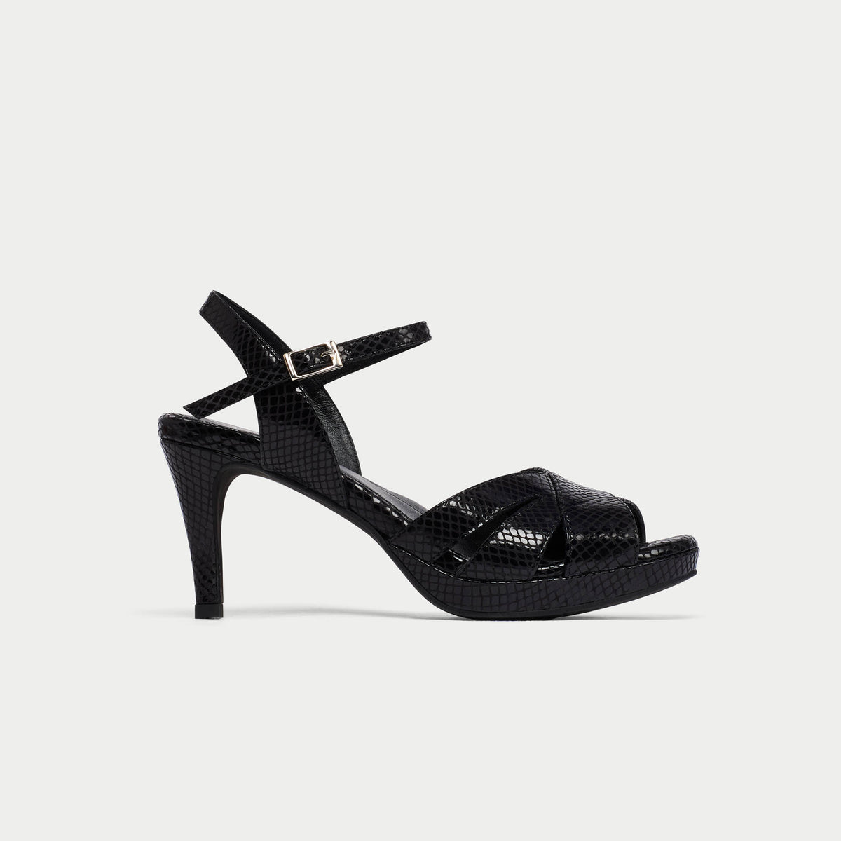 Emily - Black Snake Leather Heeled Sandals