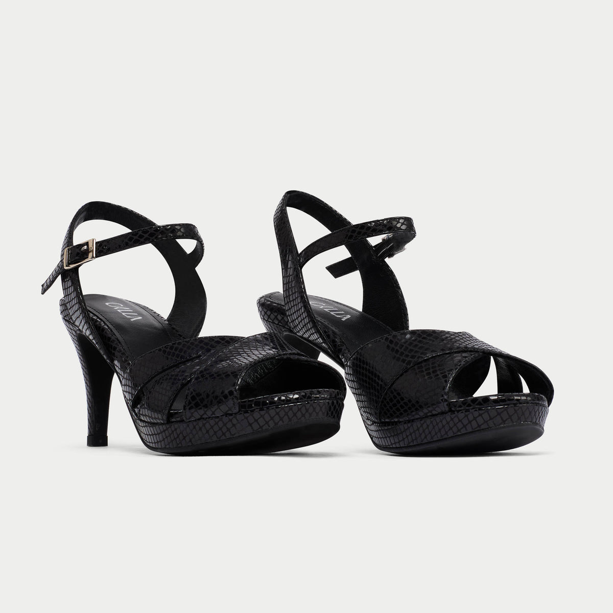 Emily - Black Snake Leather Heeled Sandals