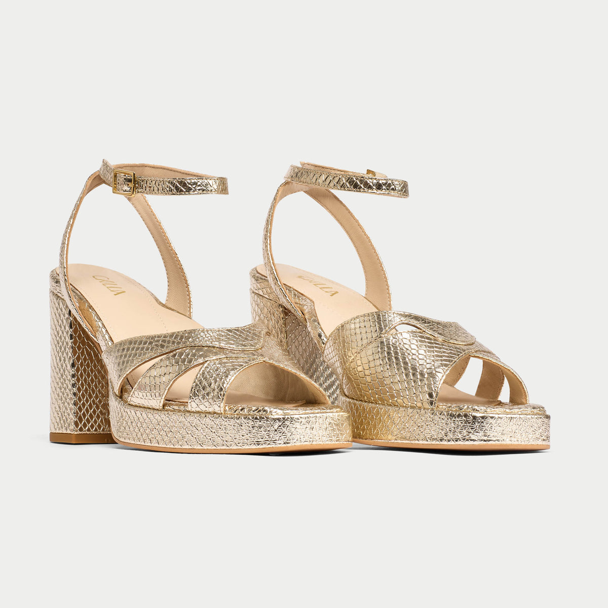 Heather - Champagne Scaled Metallic Leather Block Heels