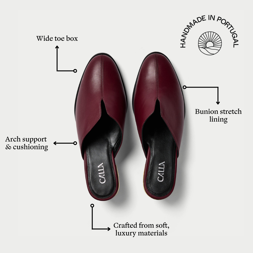 Eden burgundy mules features