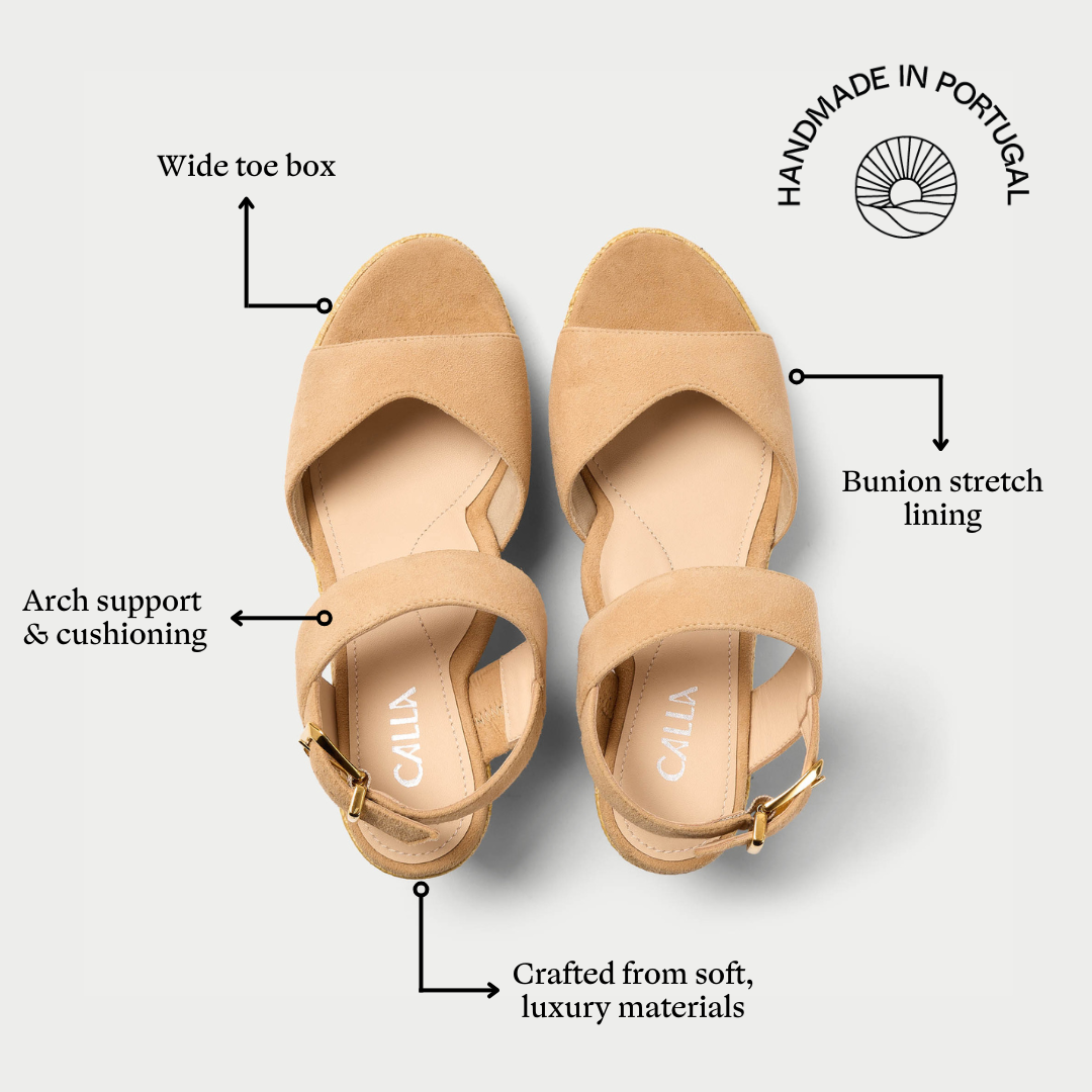 Tan sandals with features highlighted on a white background