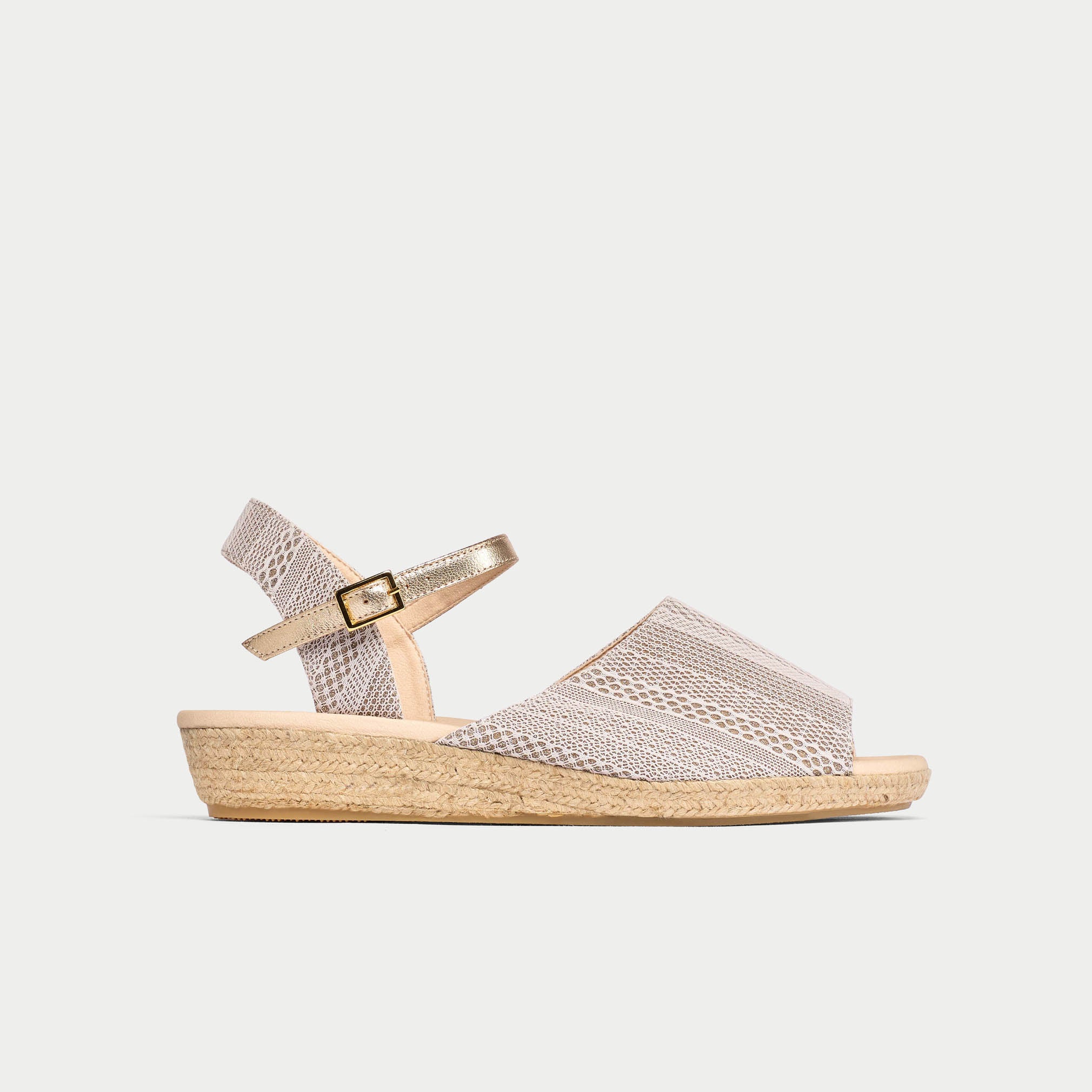 Woven sandal with a strap on a light gray background