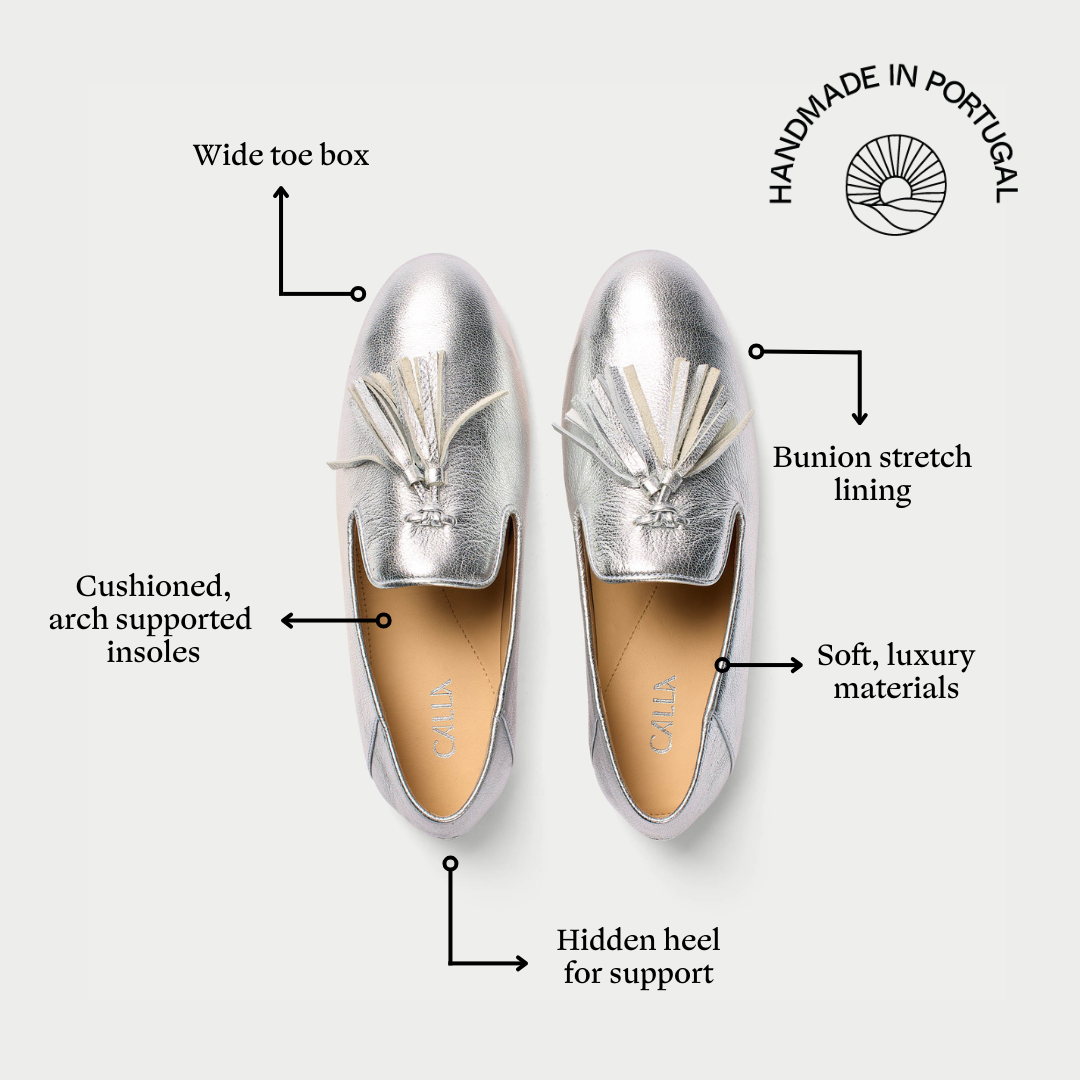 Silver loafers with features highlighted on a white background