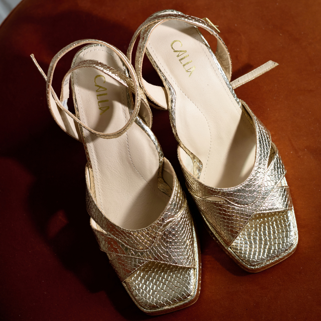 Heather - Champagne Scaled Metallic Leather Block Heels