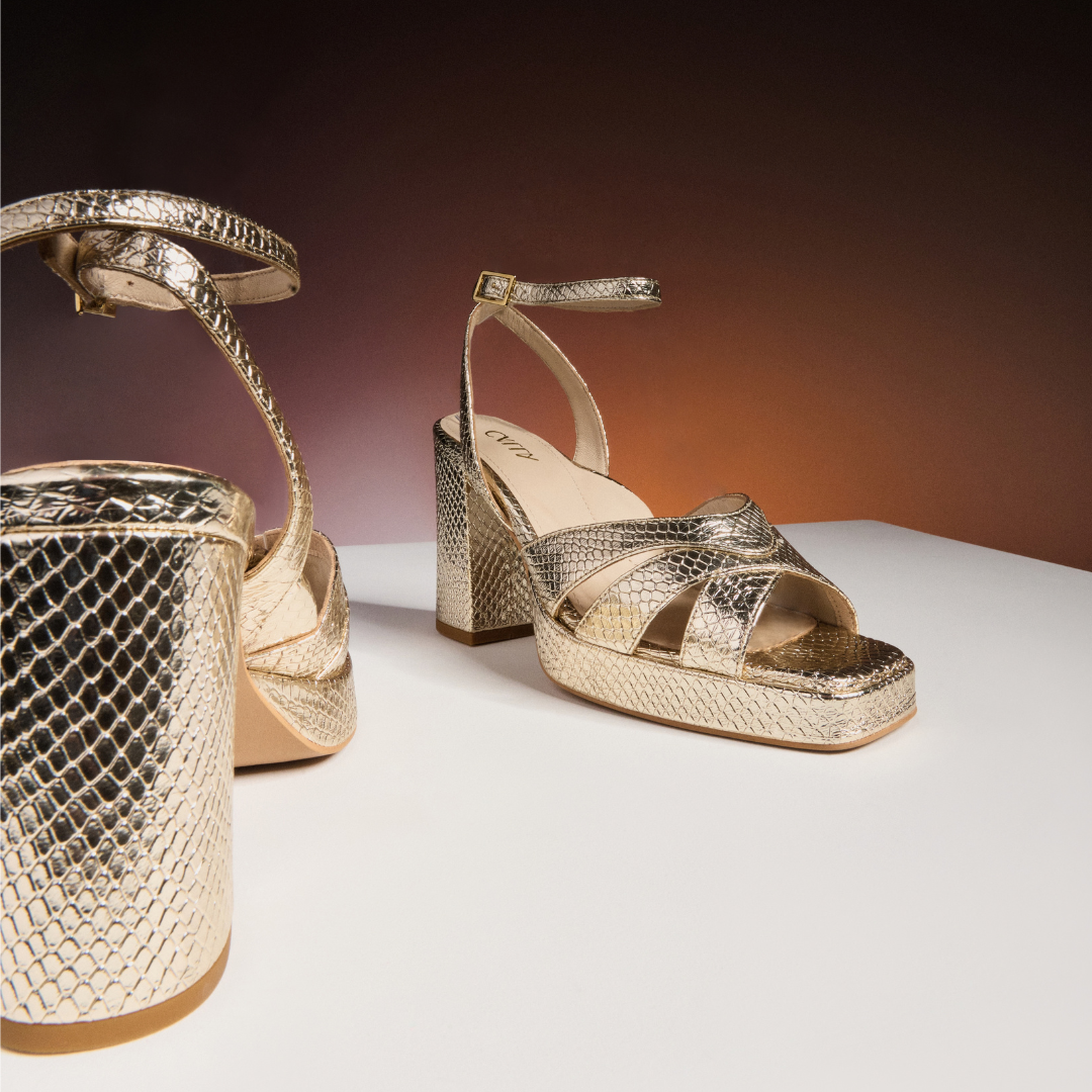 Heather - Champagne Scaled Metallic Leather Block Heels