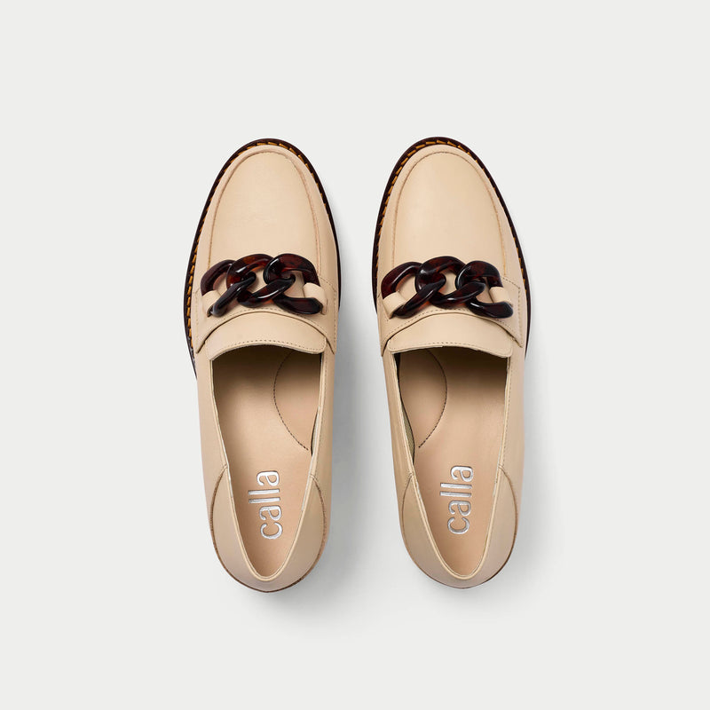 top view of neutral leather loafers for bunions