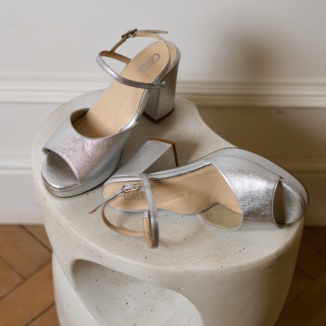 Margot - Silver Leather Block Heels
