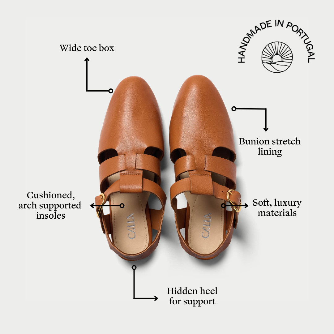 minnie tan sandals for bunions features