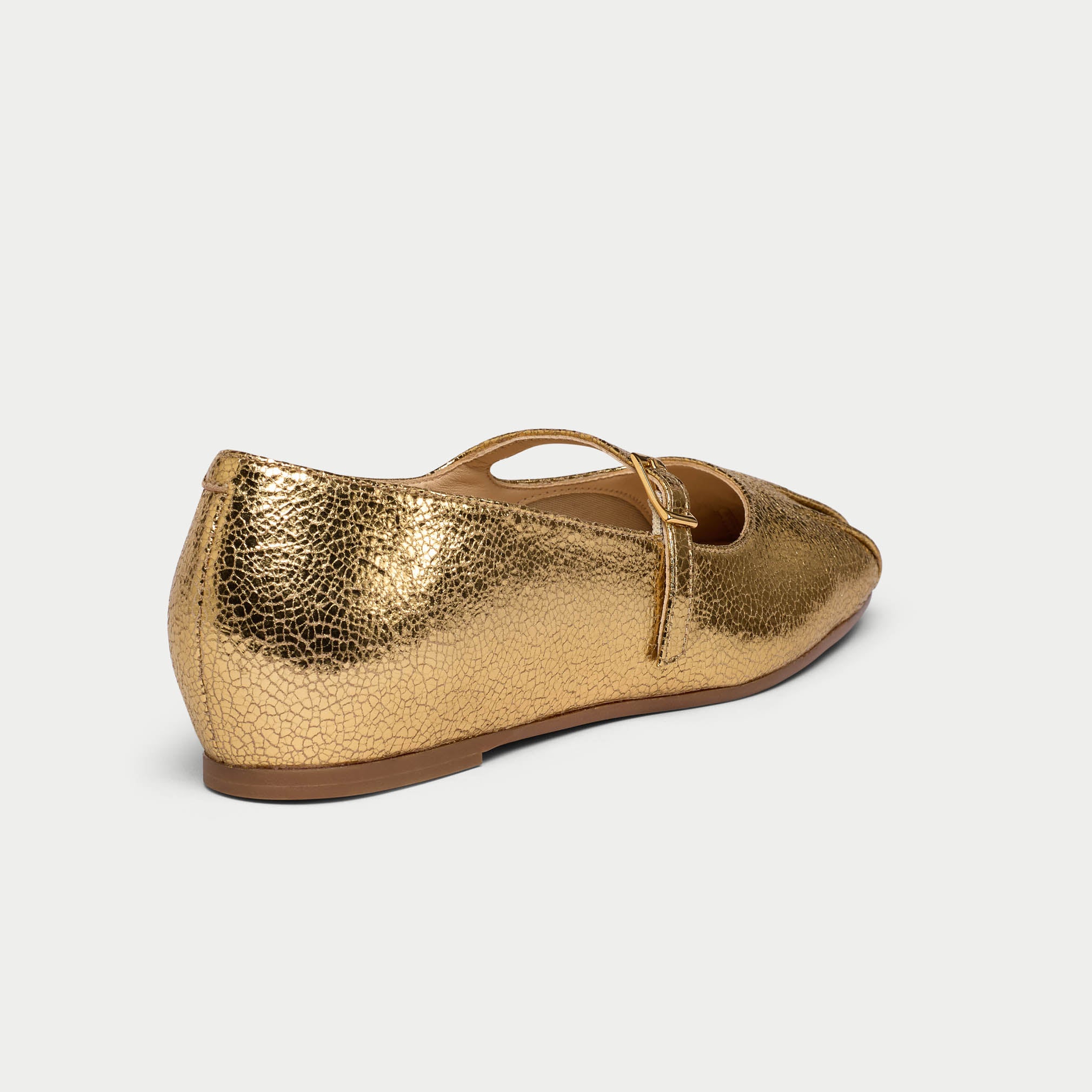 Gold metallic flat shoe on a light gray background