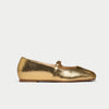 Gold metallic flat shoe on a light gray background
