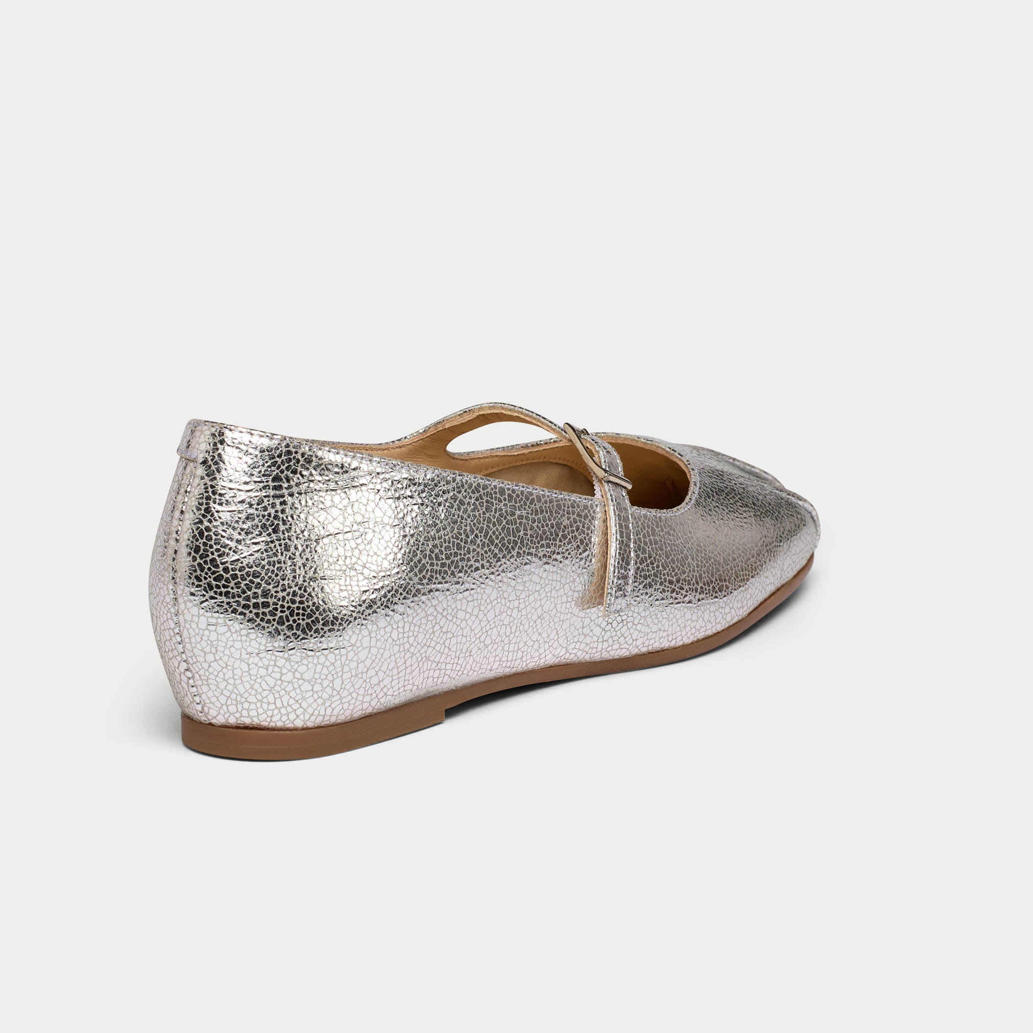 Silver metallic flat shoe on a light gray background
