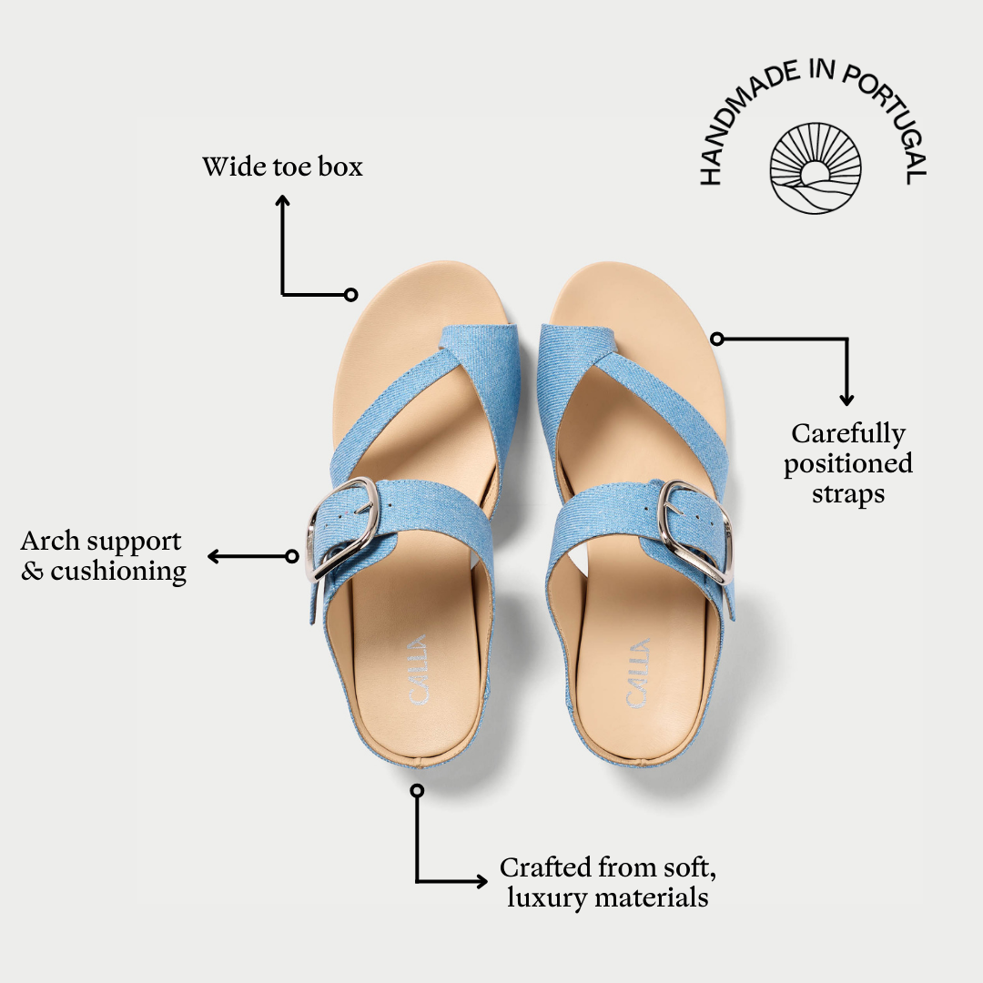 Ruby blue denim sandals features