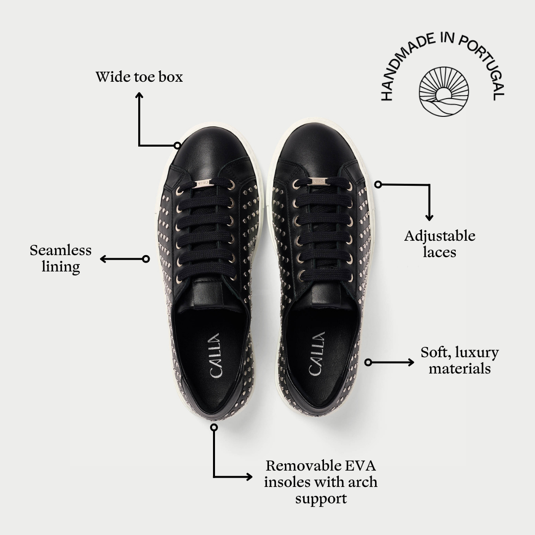 Star black studded leather trainers features