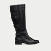 Black knee-high boot with buckles on a light gray background