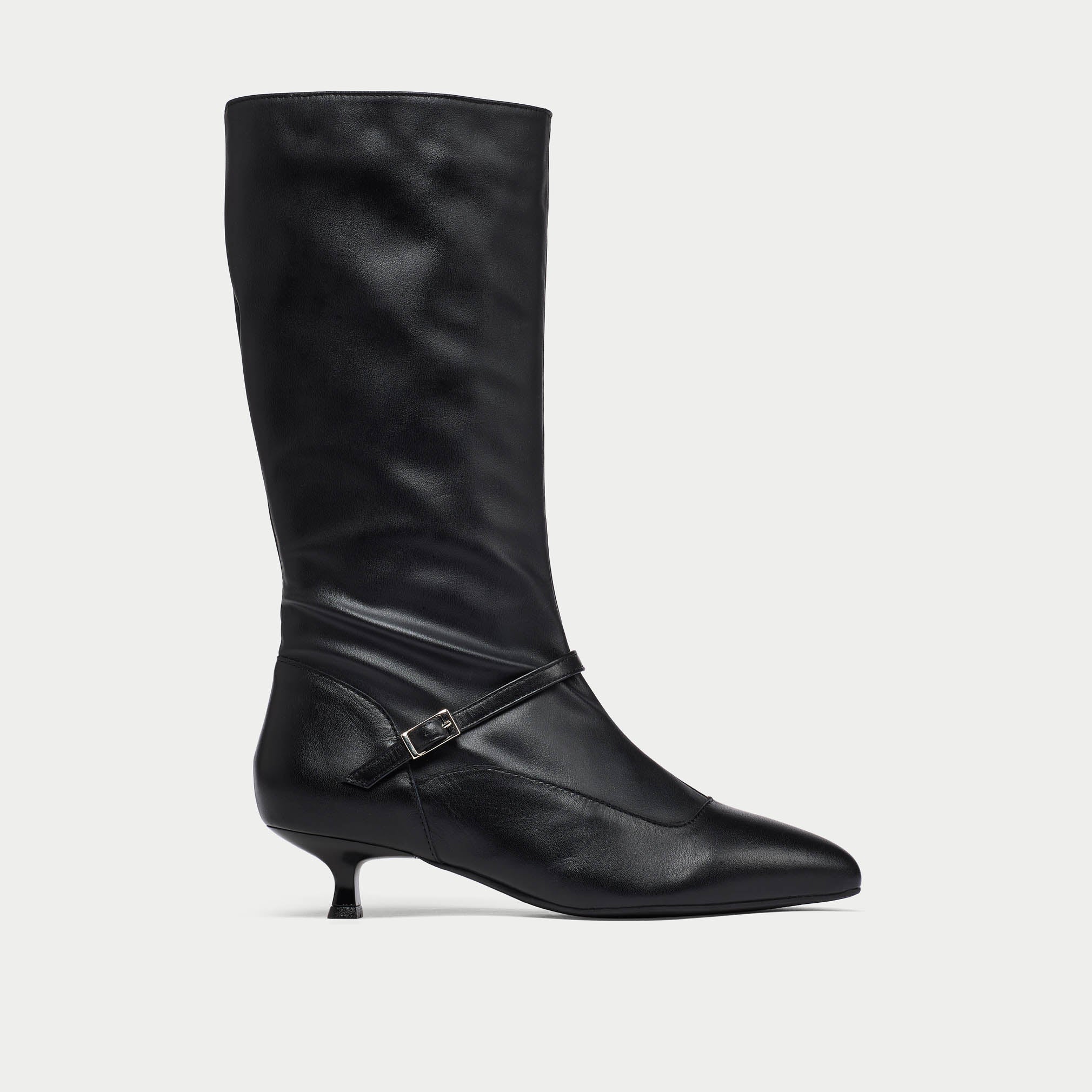 Black Veronica knee-high boot with a buckle on a light gray background