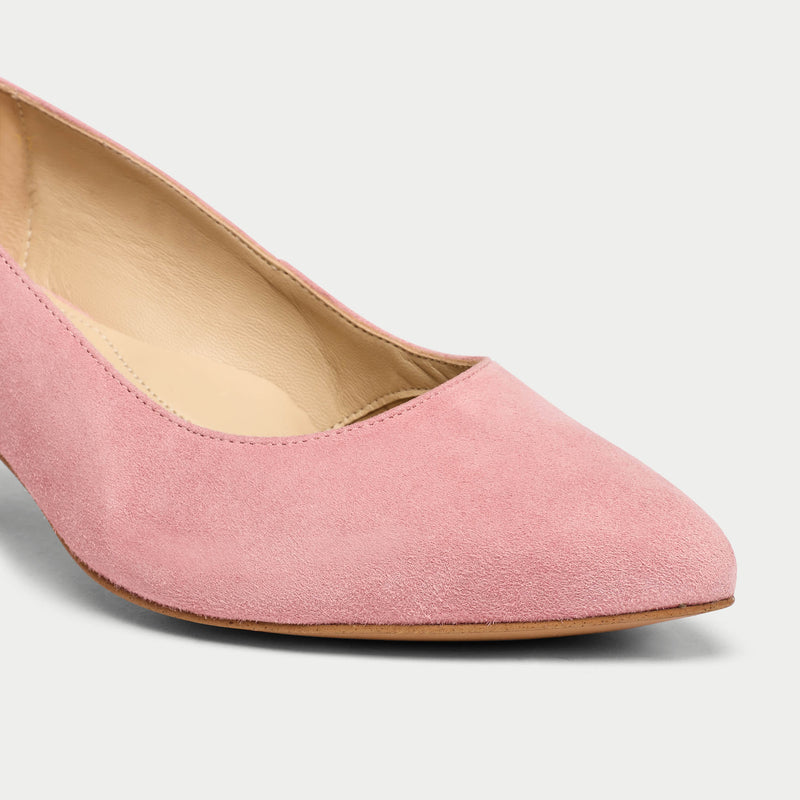 ava pink suede heels for bunions close-up