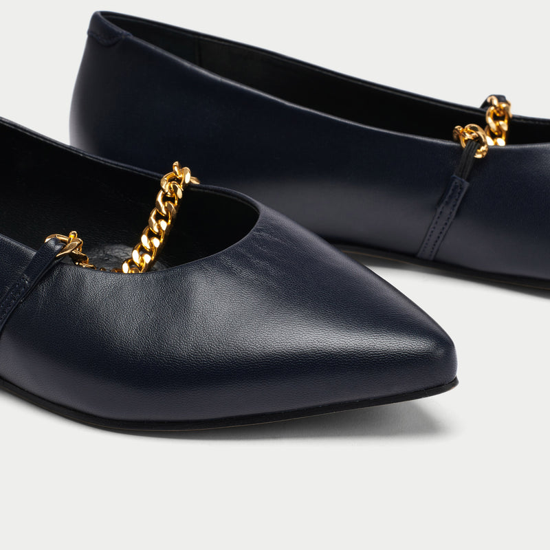 Isabella II navy leather flat for bunions close up 