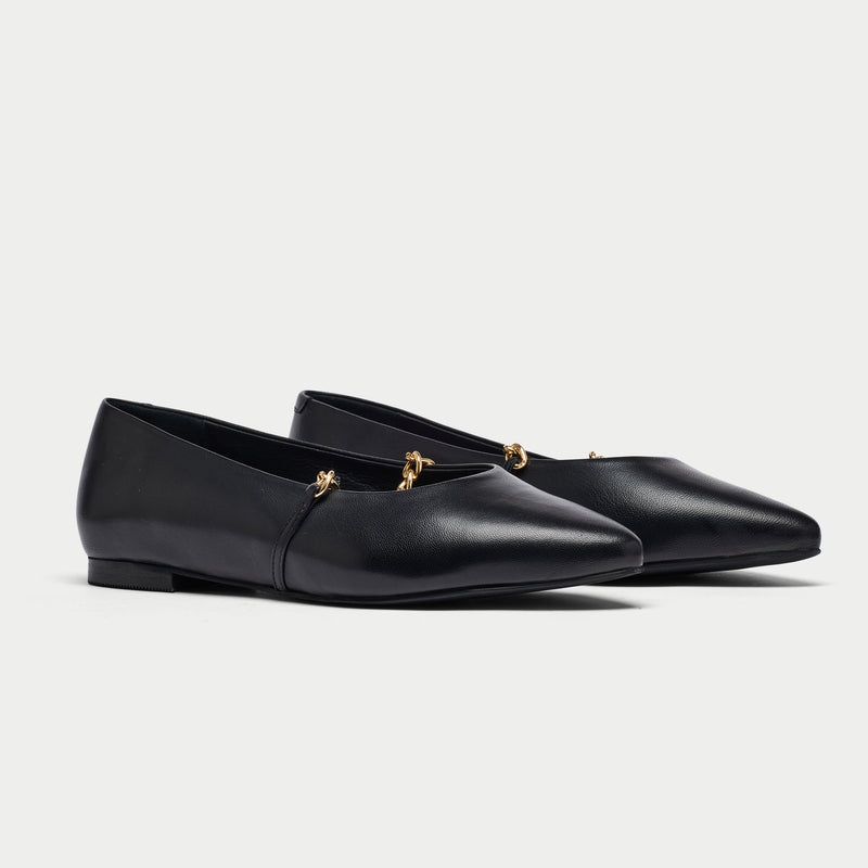 Calla | Isabella II | Black Leather & Small Chain flat court shoe
