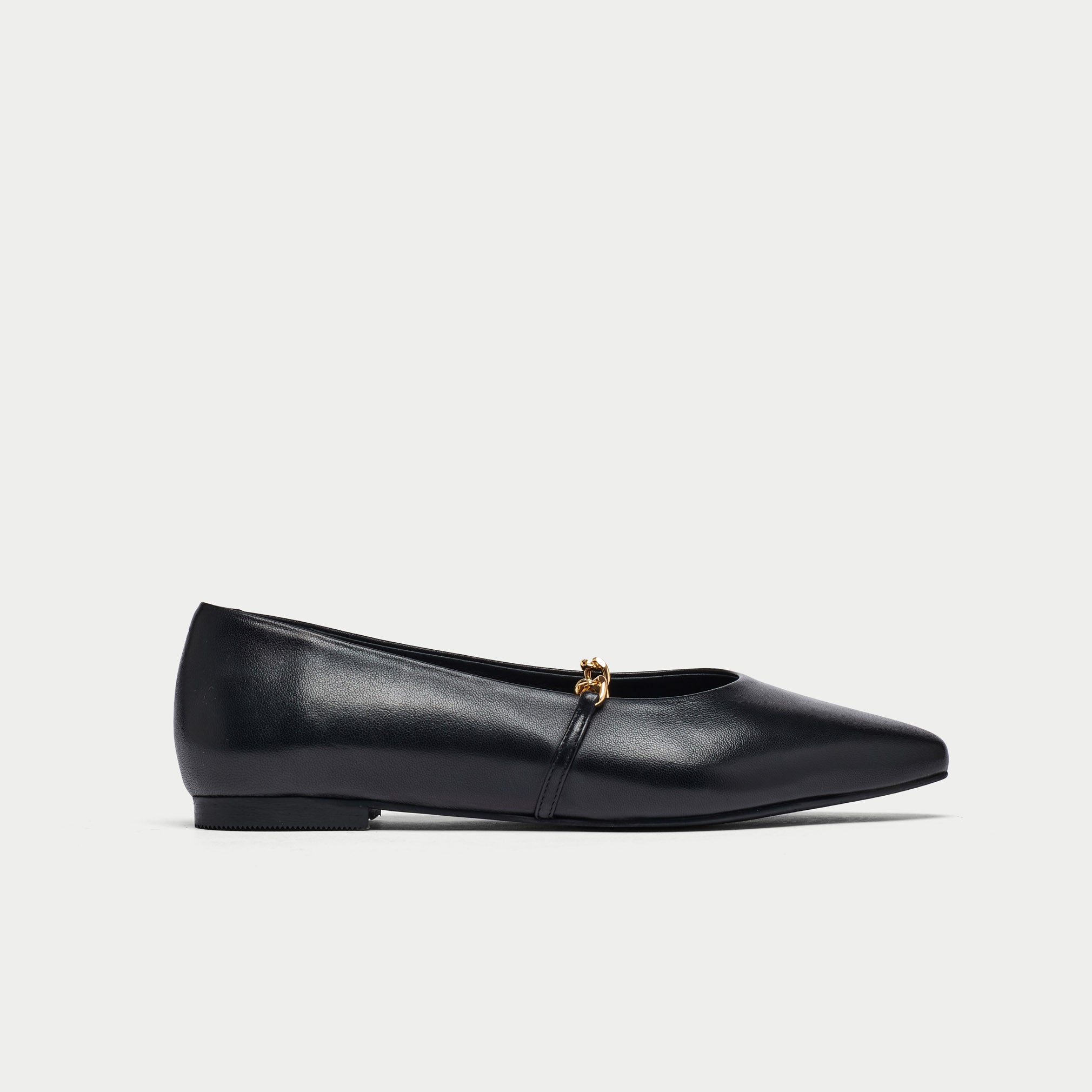 Calla | Isabella II | Black Leather & Small Chain flat court shoe