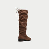 almond suede knee high boots for bunions back view
