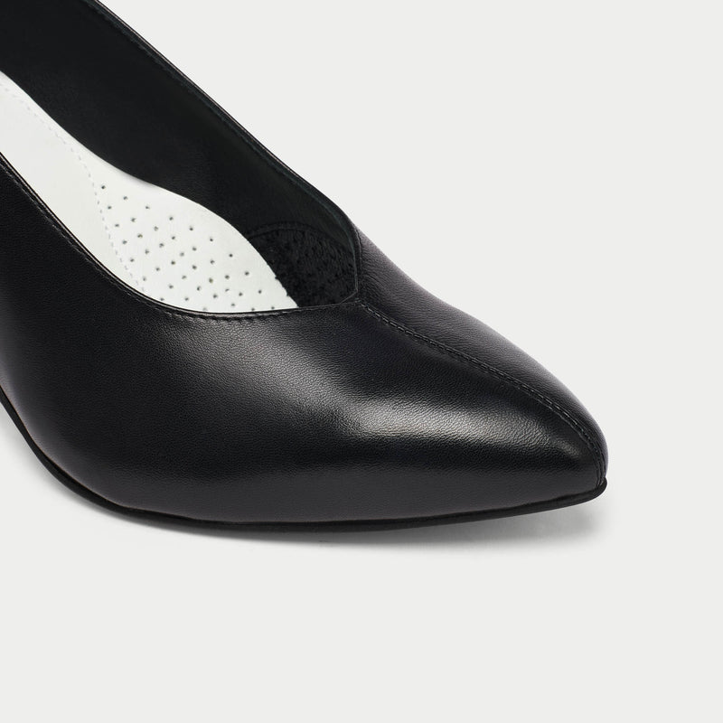 sara black croc block heels for bunions closeup