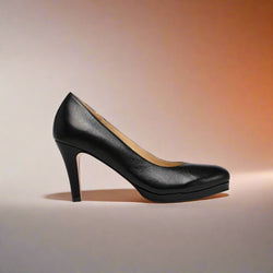 Sophia black leather heel side view