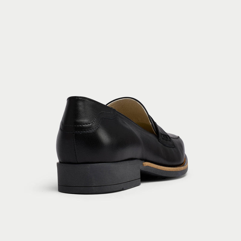 back view of black leather loafers for bunions