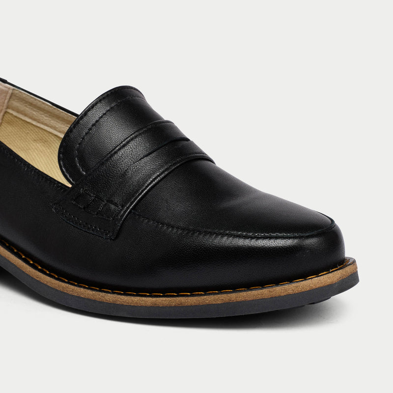 close up black leather loafers for bunions