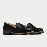 pair of black leather loafers for bunions