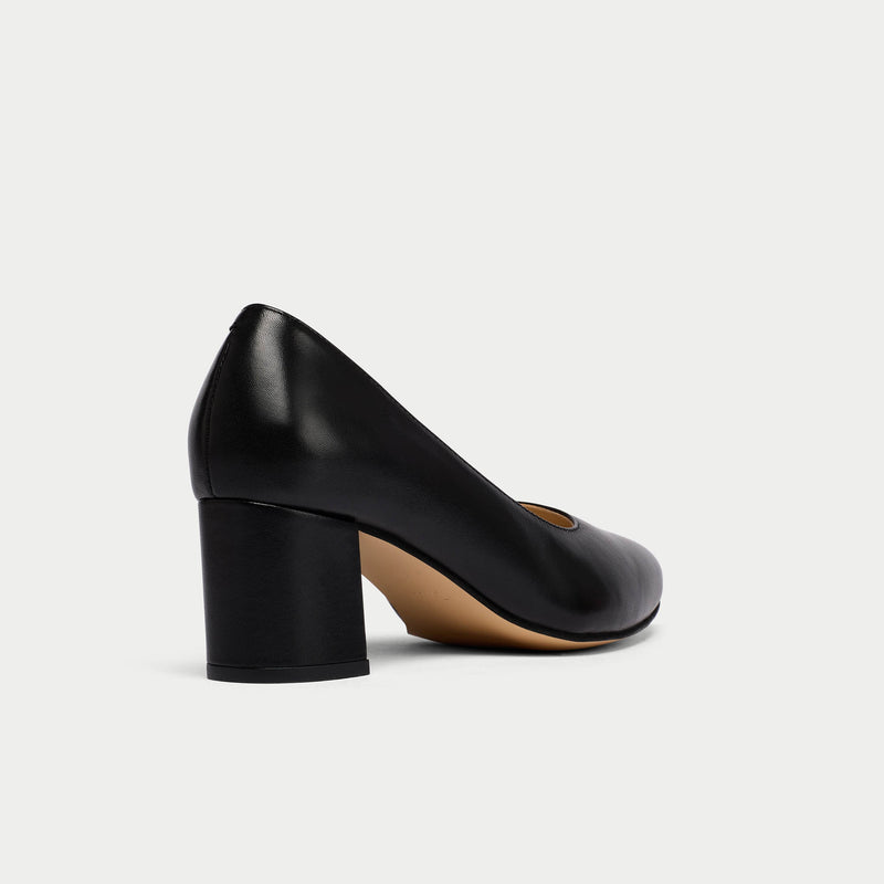 Black leather court shoes block heel Clearance