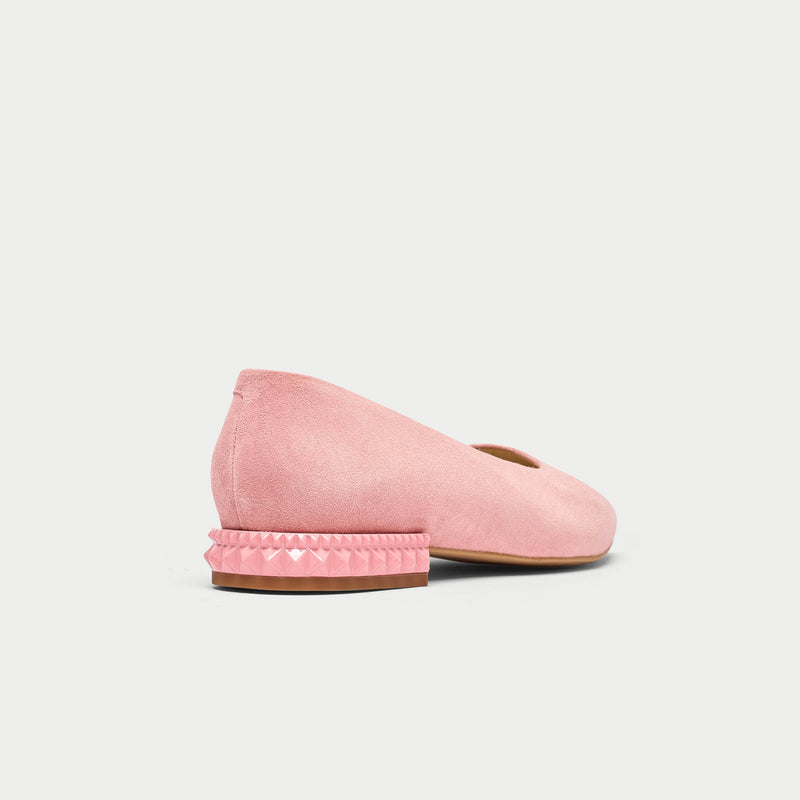 back view of pink suede flats for bunions