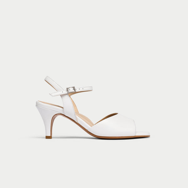 glenda white leather heel with diamante buckle