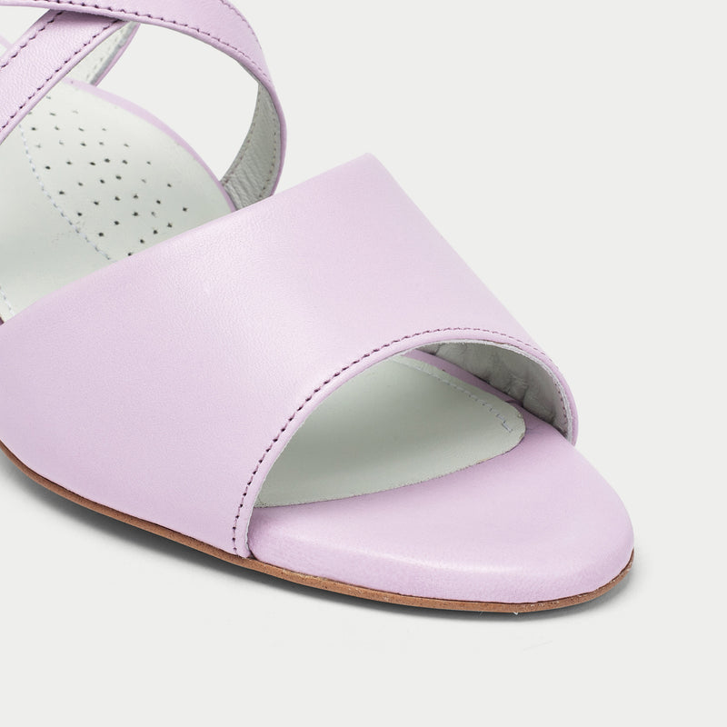 lilac leather sandals close up 