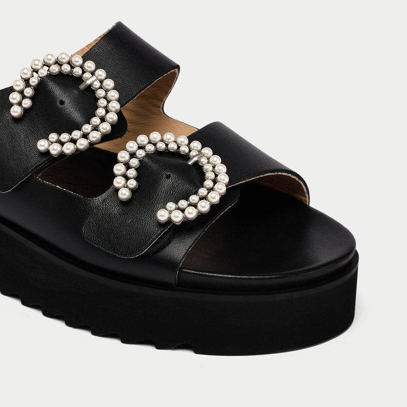 lola black leather platform sandal summer pearl effect buckles