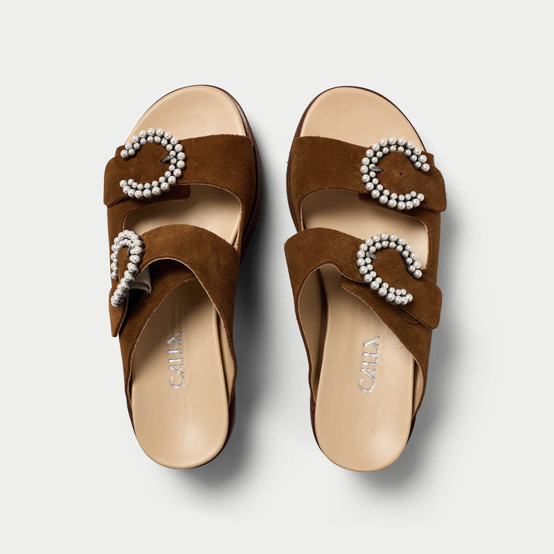 tan suede platform sandals for bunions pearl buckles