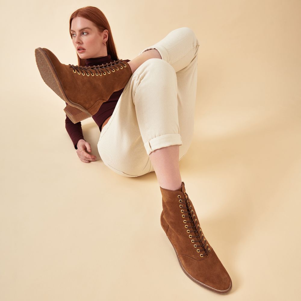 tan suede boots for bunions on model