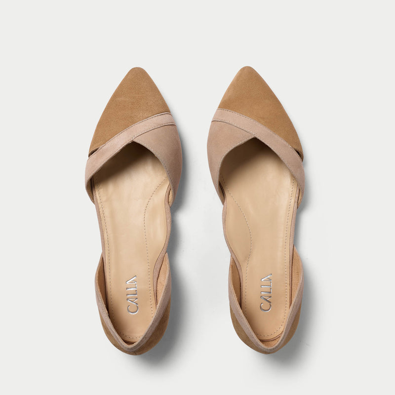tan and nude suede comfortable flat shoe for bunions 