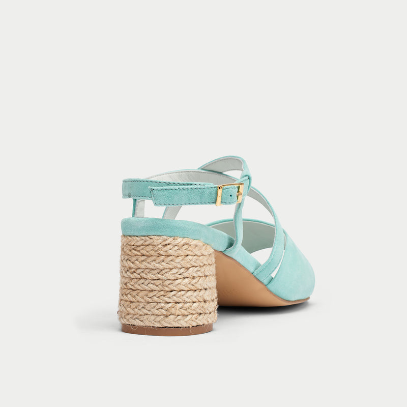 mint suede heeled sandals back view