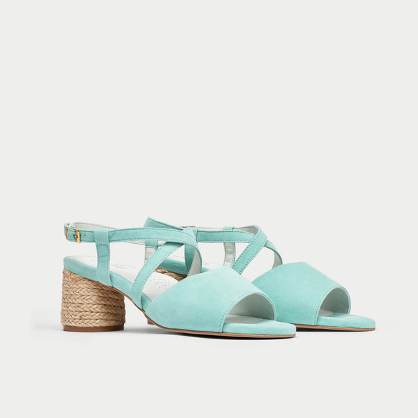 mint suede heeled sandals pair