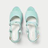 mint suede sandals top view