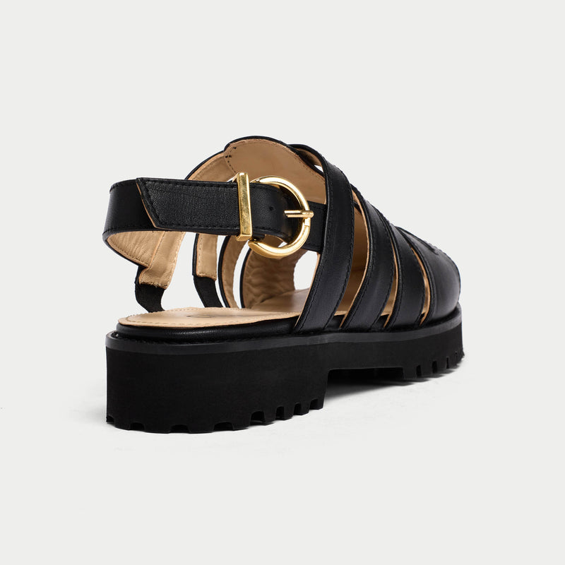 black leather fisherman sandal for bunions with gold buckle