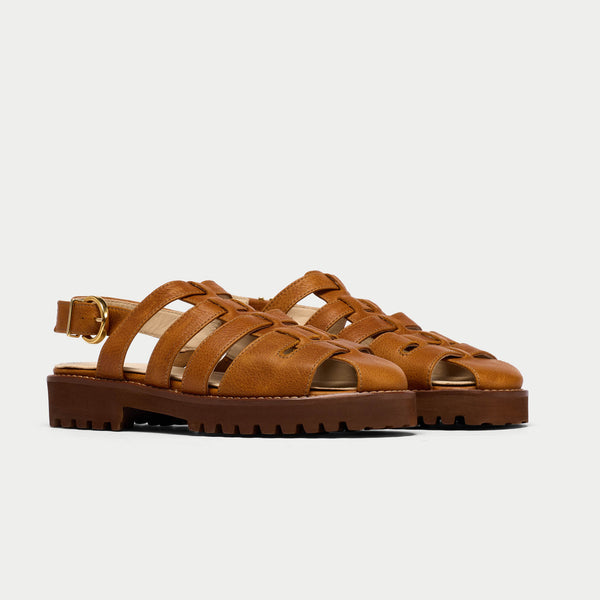 olivia tan leather fisherman sandal with gold buckle for wide feet and bunions