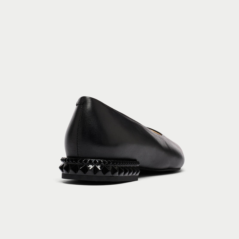 black leather flats back view