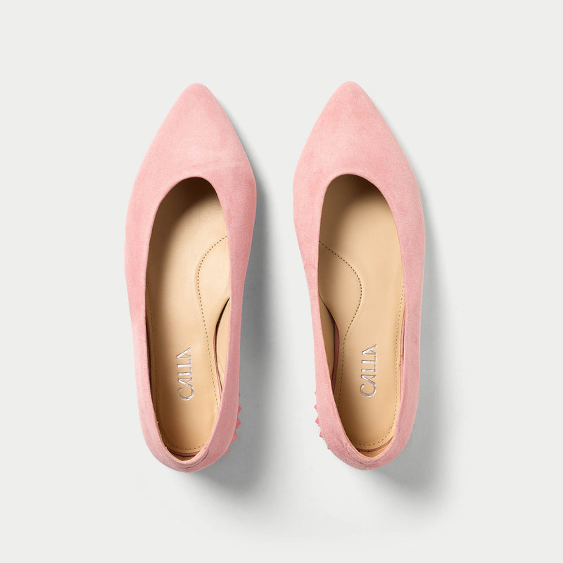pair of pink suede flats for bunions top view